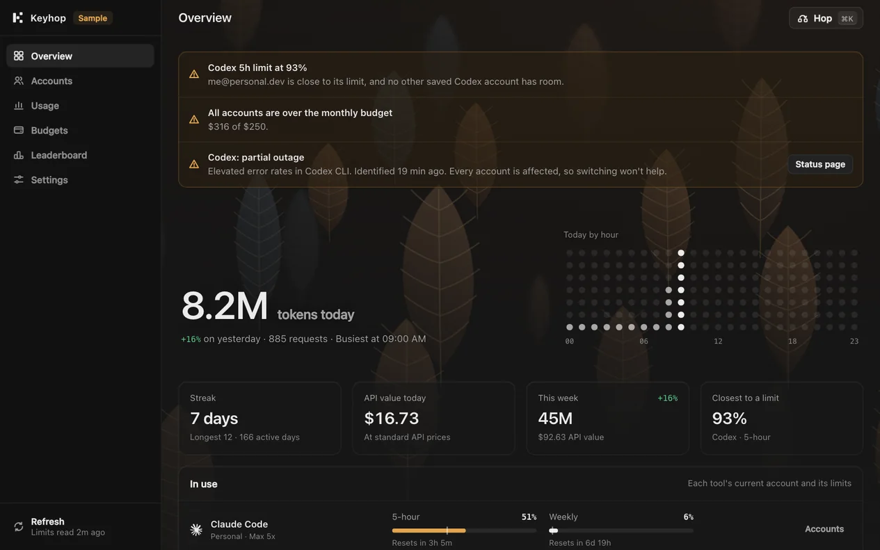 The Keyhop dashboard with sample accounts: limit and budget alerts, today’s tokens by hour and each tool’s account in use