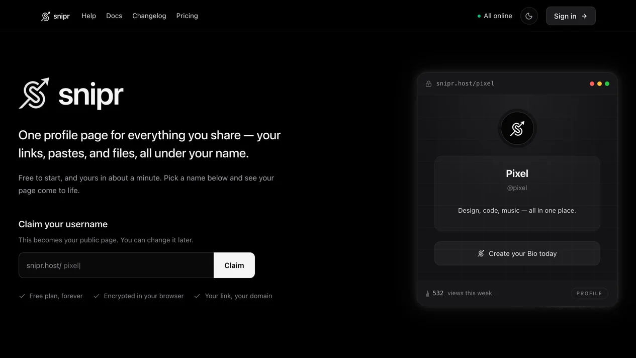 The Snipr landing page: claim a username for one public page with your links, pastes and files