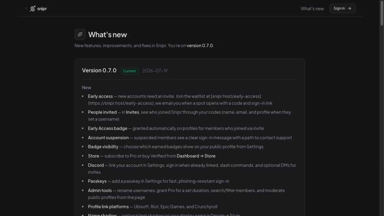 Snipr public changelog showing version 0.7.0 dated July 19, 2026.